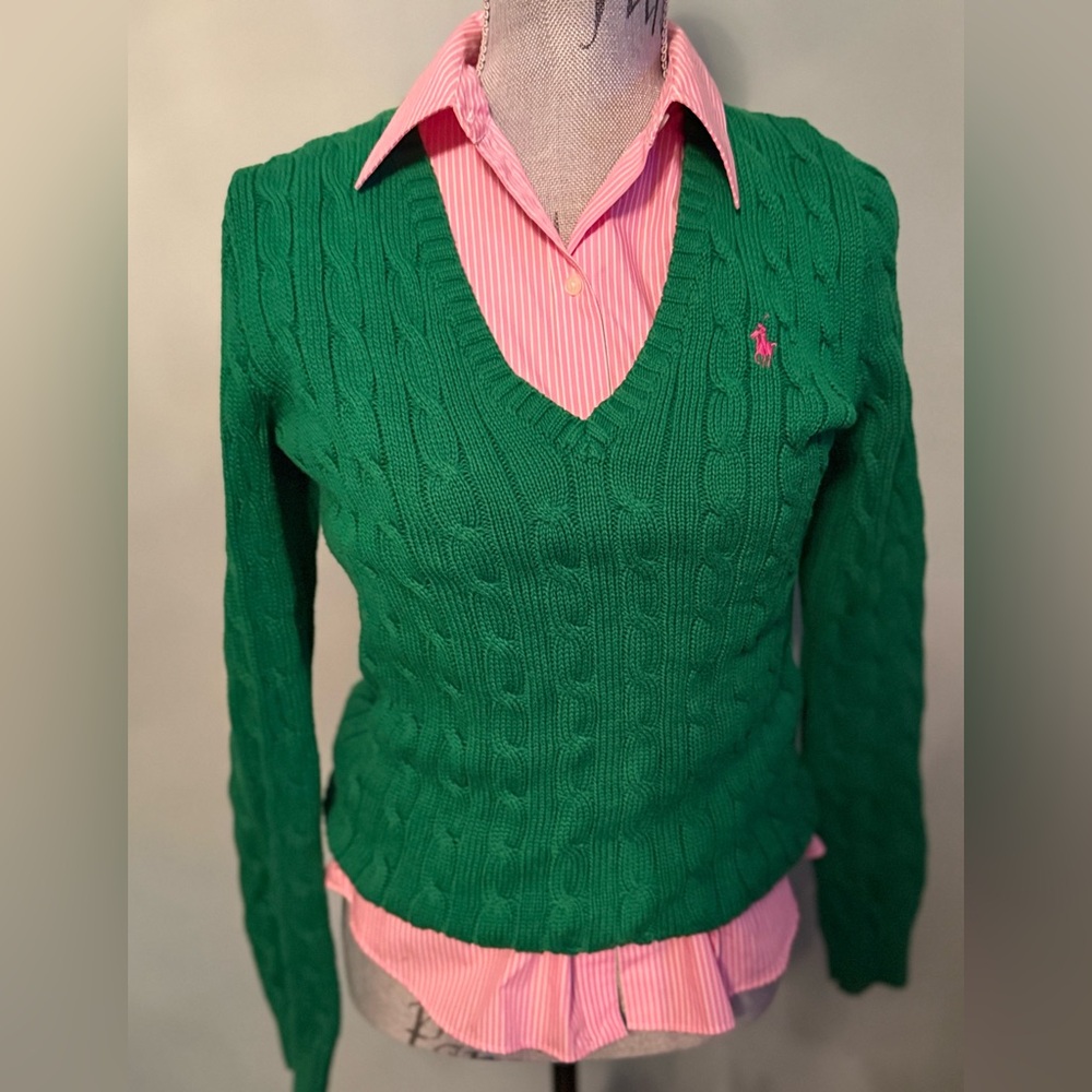 Ralph Lauren Women's Emerald V-Neck Cable Sweater